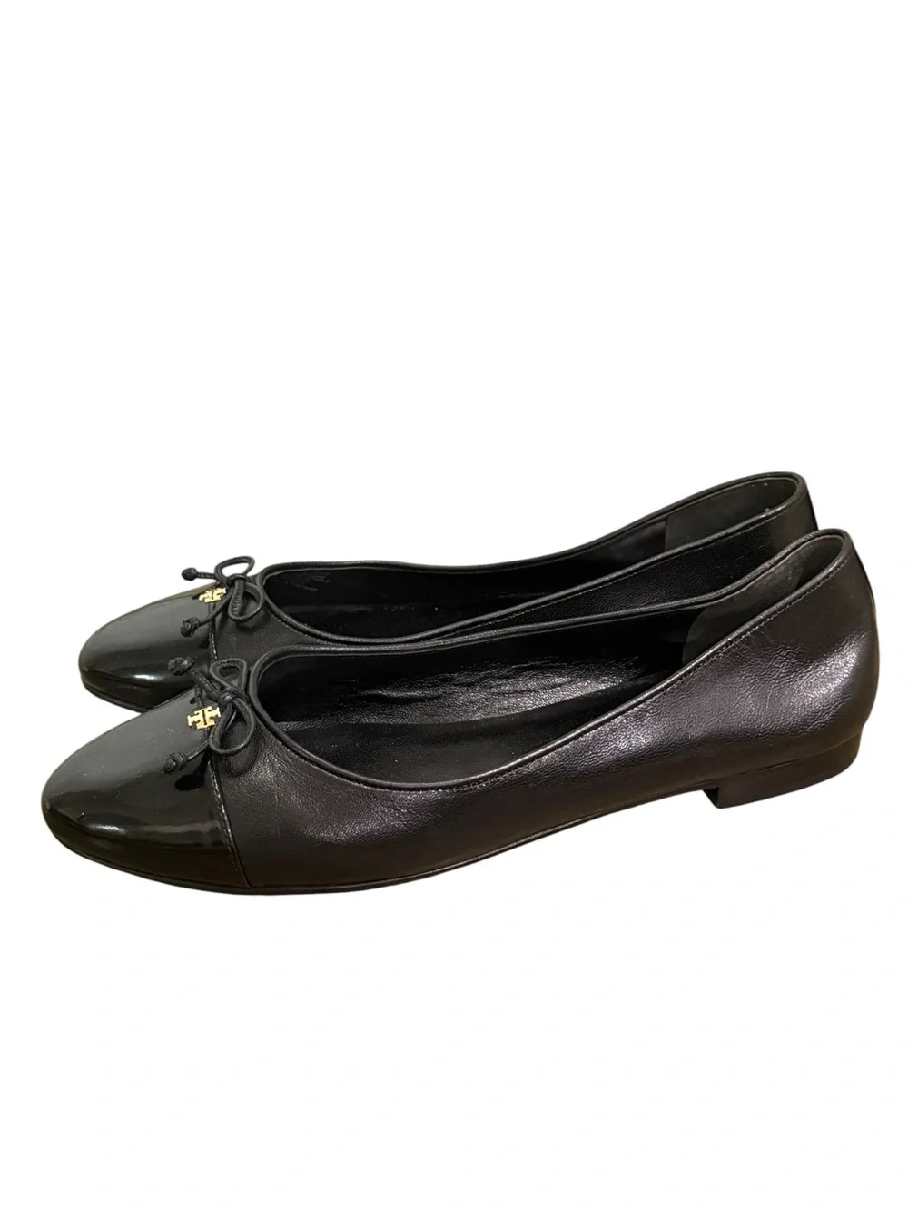 Tory BurchCap Toe Bow Gold Logo Ballet Flats Womens Sz 10 M Perfect Black $275
